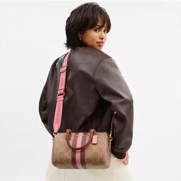 💕COACH💕 Rowan Satchel Bag ~ Signature Canvas Stripe Print Pink NWT - Picture 7 of 8